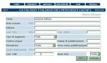Il form di ricerca del Catalogo italiano dei periodici.