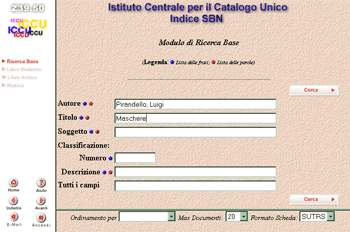 La schermata generale di Ricerca base nell'Opac Sbn