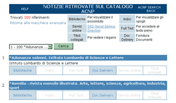 La parte iniziale del risultato di una ricerca sul Catalogo italiano dei periodici